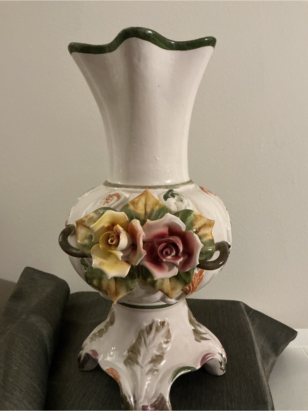 White Ceramic Floral Vase with Pink and Yellow Rose Accents